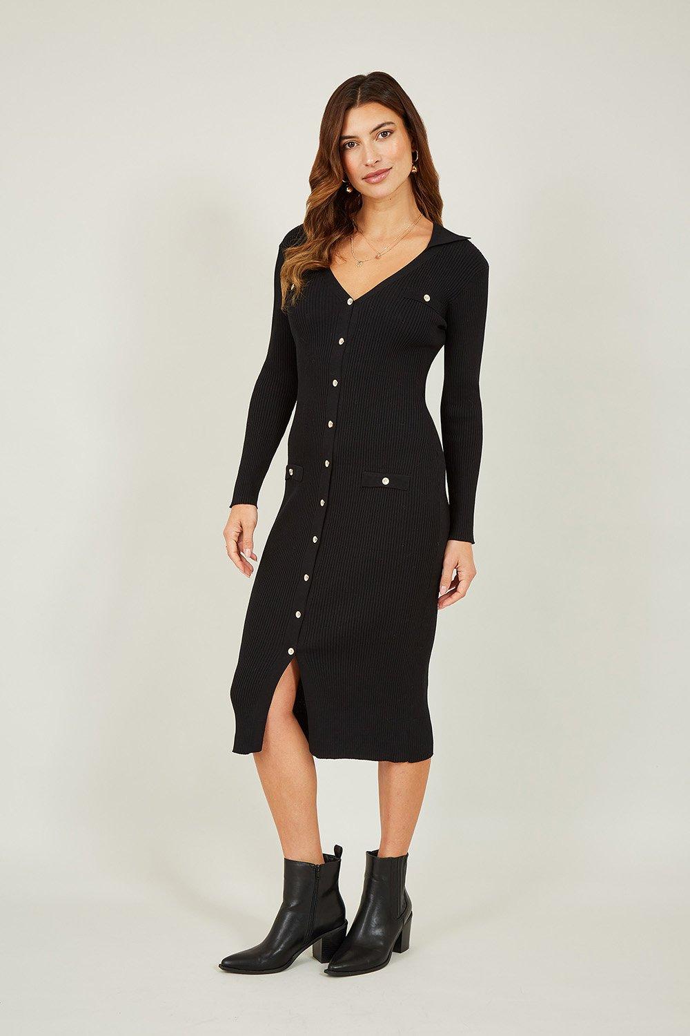 Black Knitted Fitted Midi Dress With Buttons