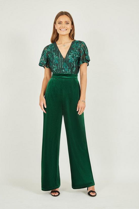 Yumi Green Sequin Embellished Velvet Jumpsuit With Angel Sleeves 1