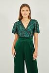 Yumi Green Sequin Embellished Velvet Jumpsuit With Angel Sleeves thumbnail 2