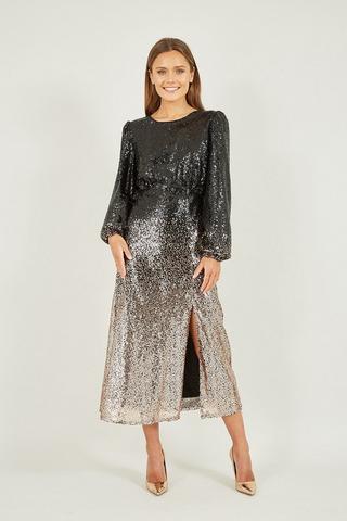 Product Black And Gold Sequin Ombre Long Sleeve Midi Dress Black