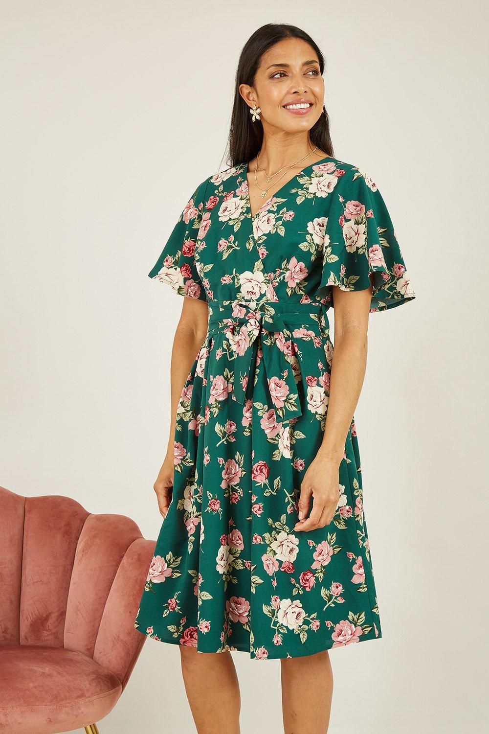 Green Floral Wrap Dress With Angel Sleeve