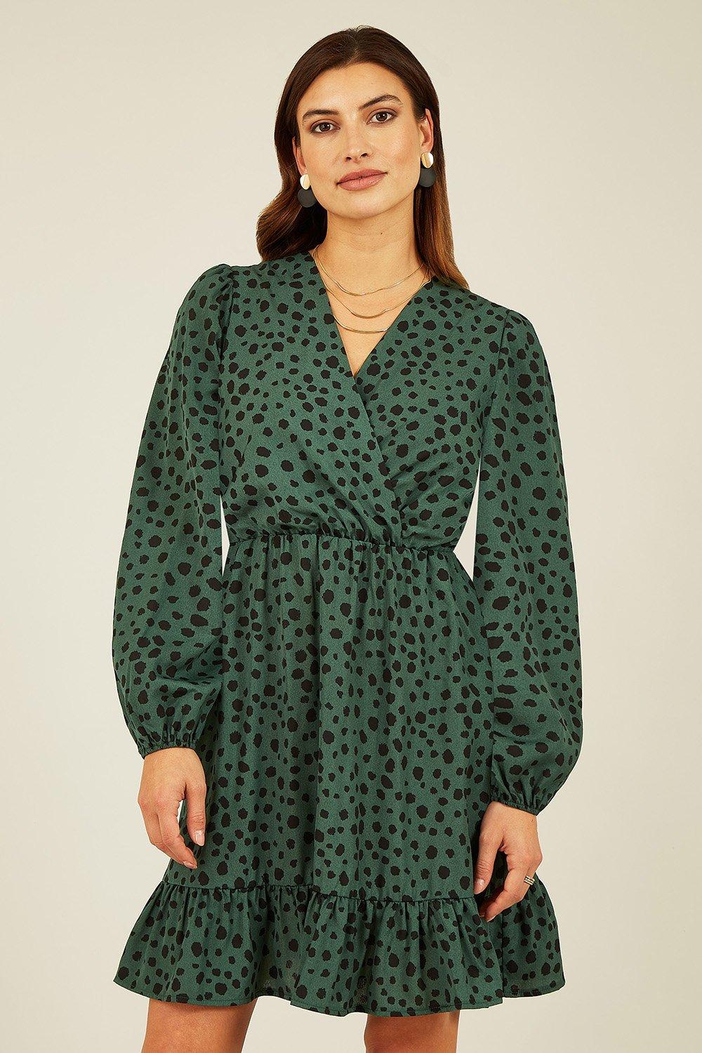 Green Dalmatian Print Long Sleeve Wrap Over Midi Dress