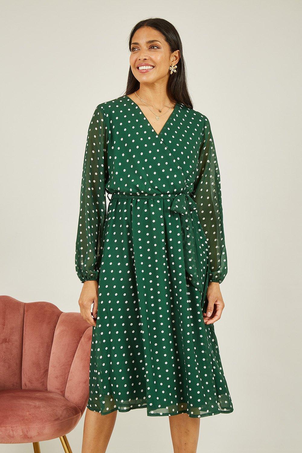 Green Polka Dot Long Sleeve Midi Wrap Dress