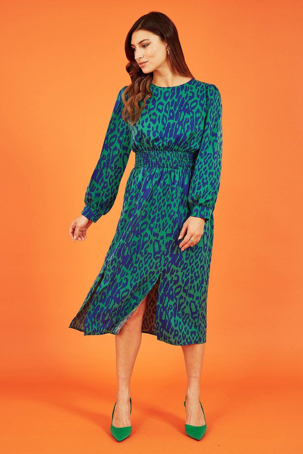 Green Animal Print Long Sleeve Ruched Midi Dress