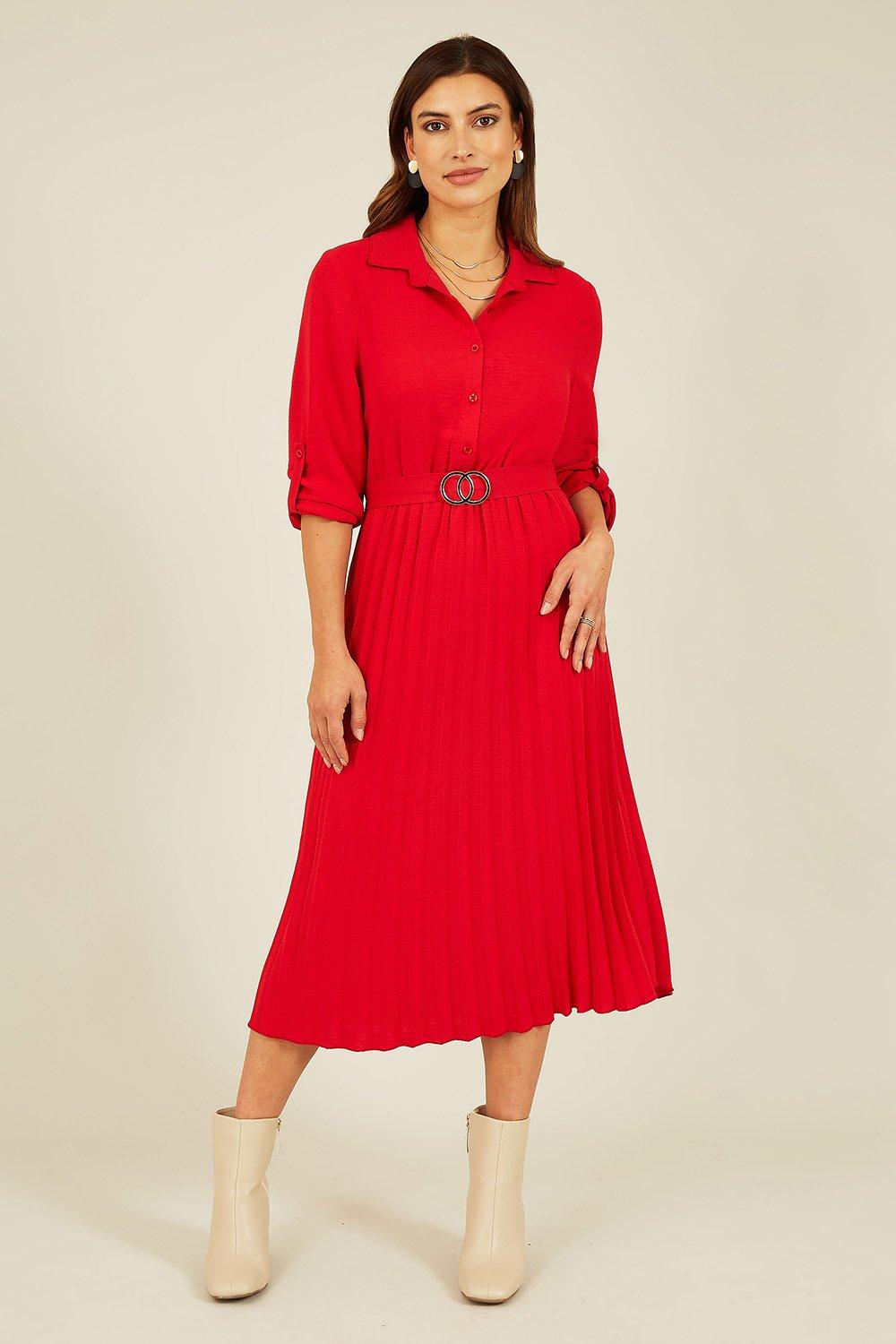 Red Pleated Skirt Midi Dress With Gold Buckle