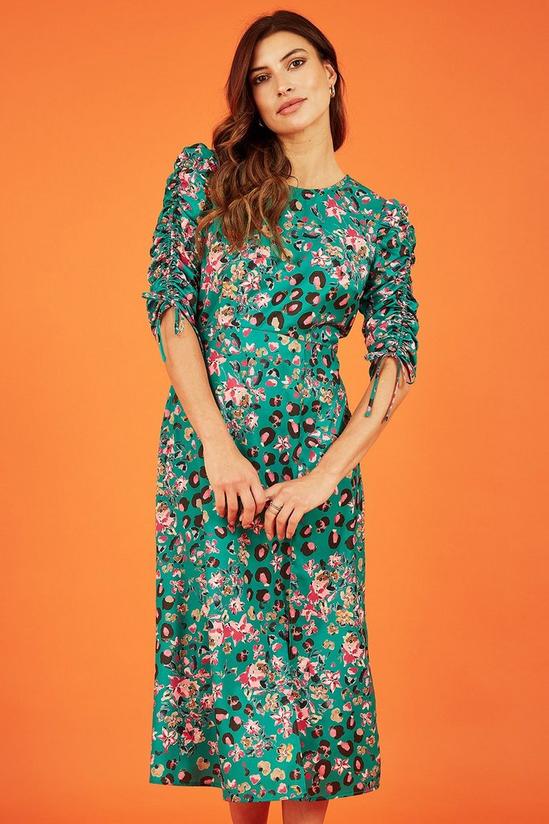 Yumi Green Animal Floral Print Ruched Sleeve Midi Dress 1