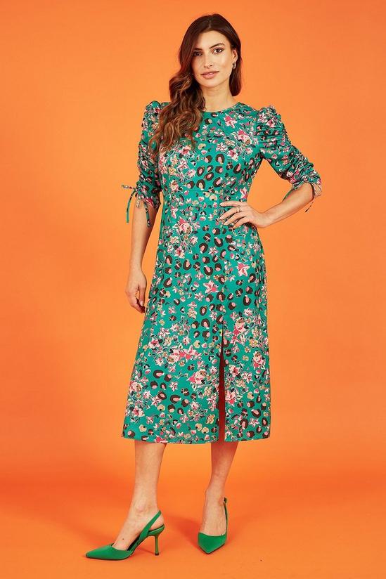 Yumi Green Animal Floral Print Ruched Sleeve Midi Dress 2