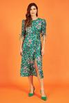 Yumi Green Animal Floral Print Ruched Sleeve Midi Dress thumbnail 4