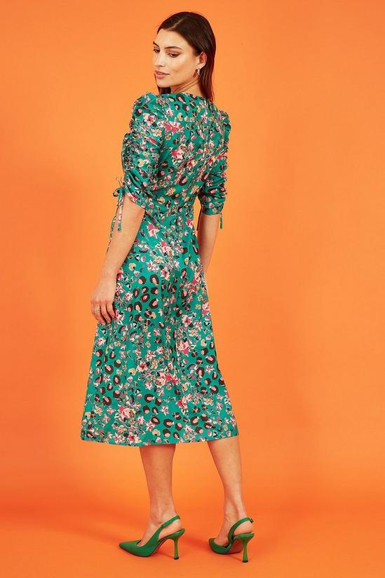 Yumi Green Animal Floral Print Ruched Sleeve Midi Dress 5
