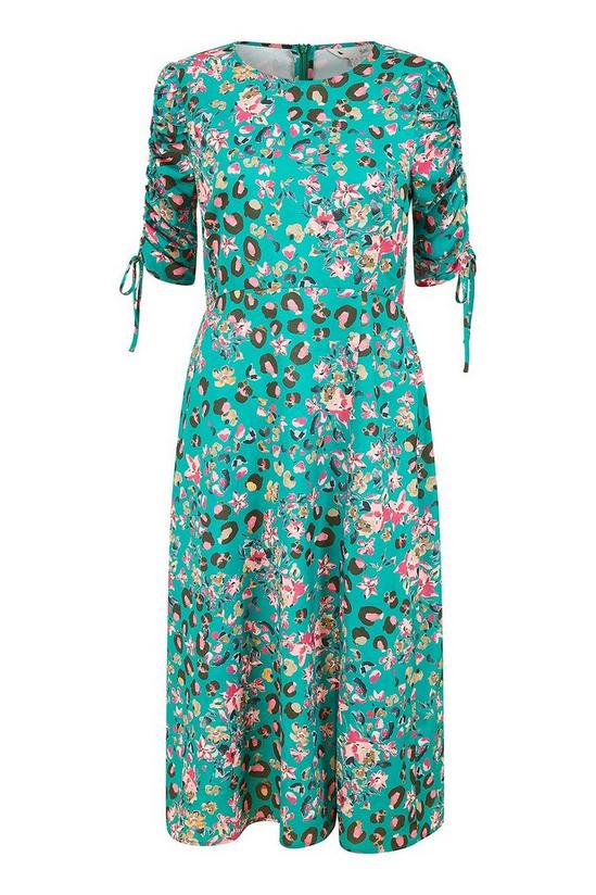 Yumi Green Animal Floral Print Ruched Sleeve Midi Dress 6
