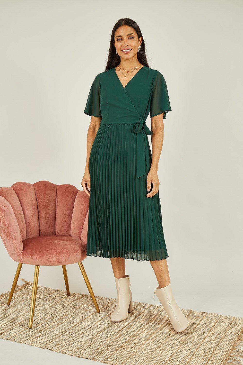 Green Pleated Wrap Over Dress