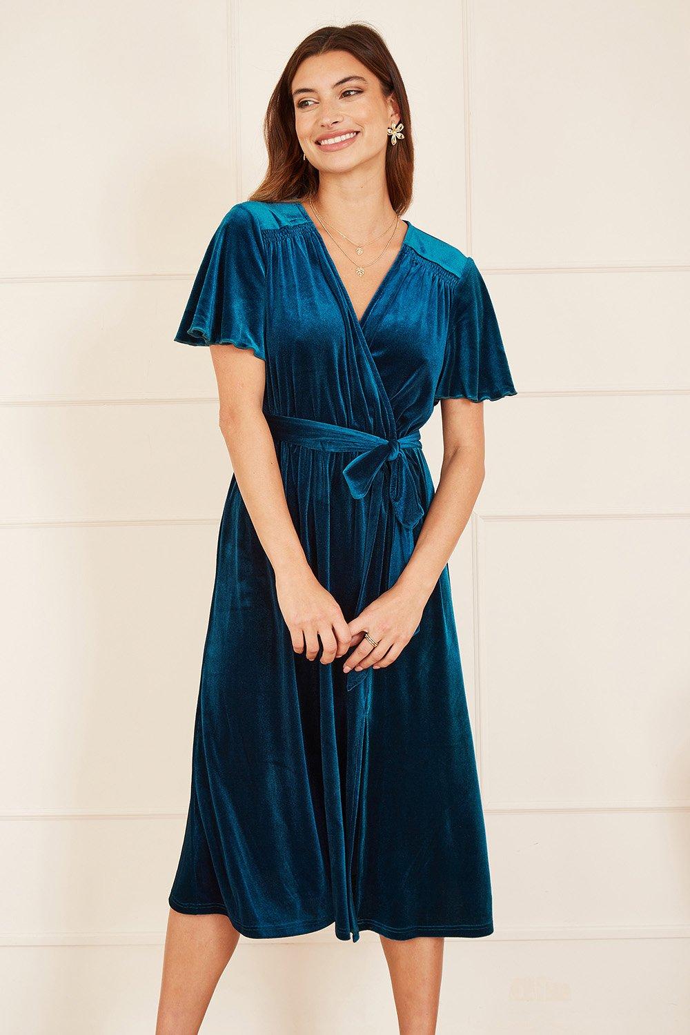 Teal Wrap Over Midi Dress With Angel Sleeves and Split Hem