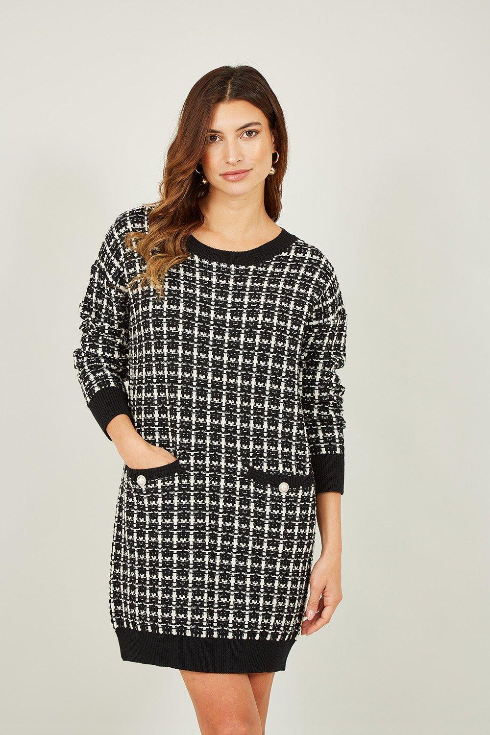 Black Checked Knitted Tunic Dress