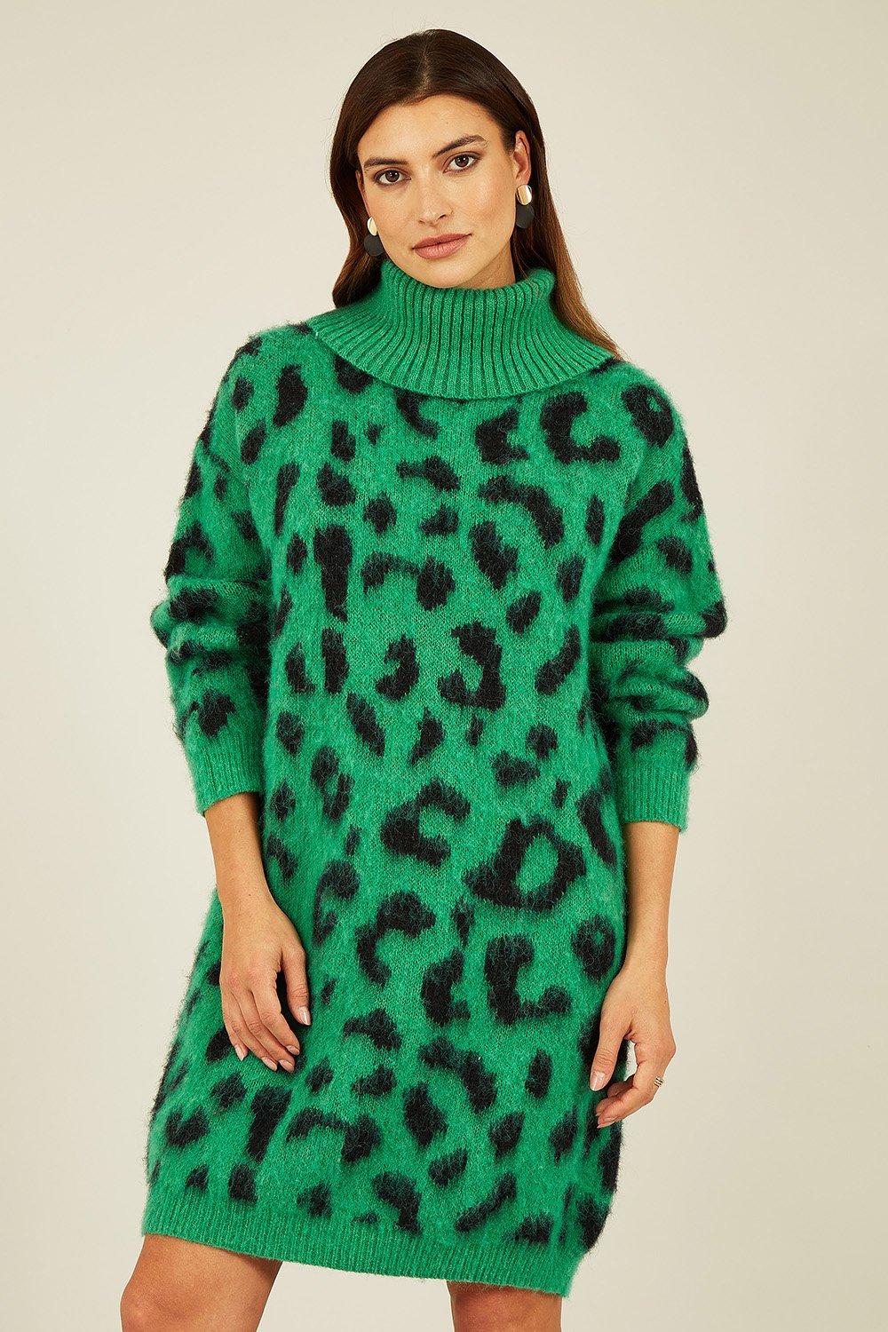 Green Animal Roll Neck Knitted Dress