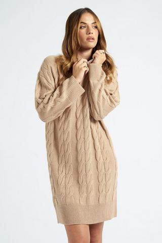 Camel Cable Knit Long Sleeve Mini Jumper Dress