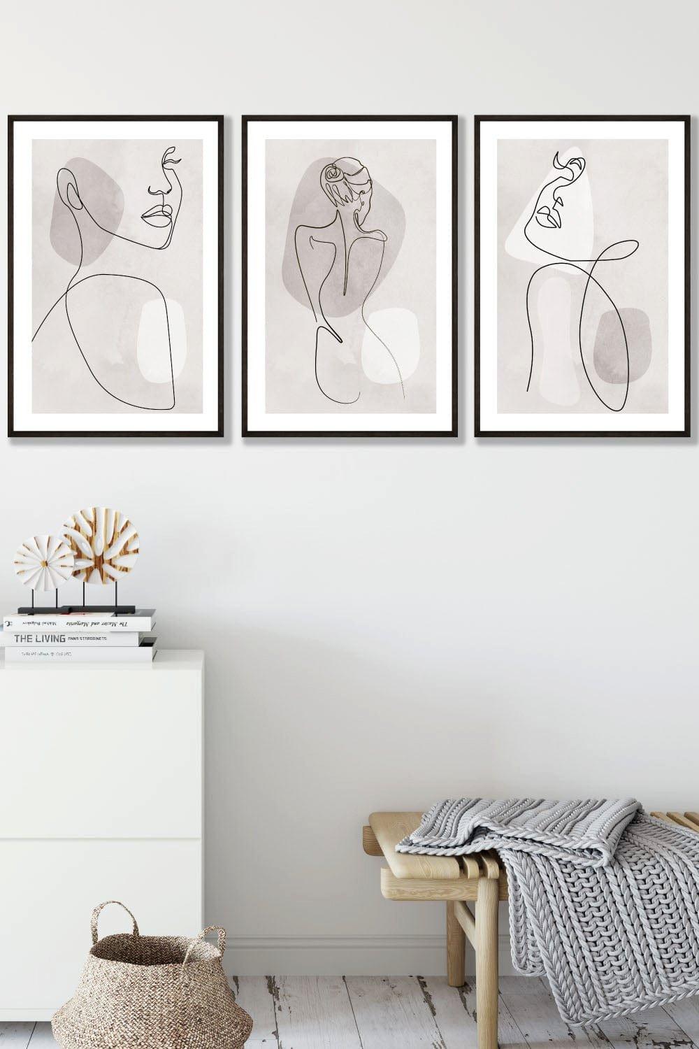 Set of 3 Framed Beige and Grey Female Line Art Prints 45cm(W) x 62cm(H)