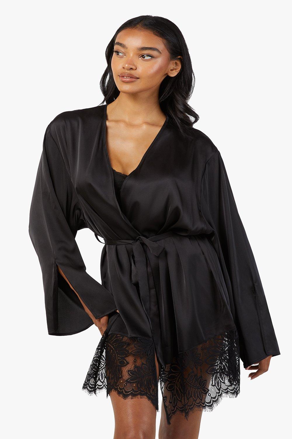 Wolf & Whistle Rosie Satin and Lace Robe, Red at John Lewis & Partners