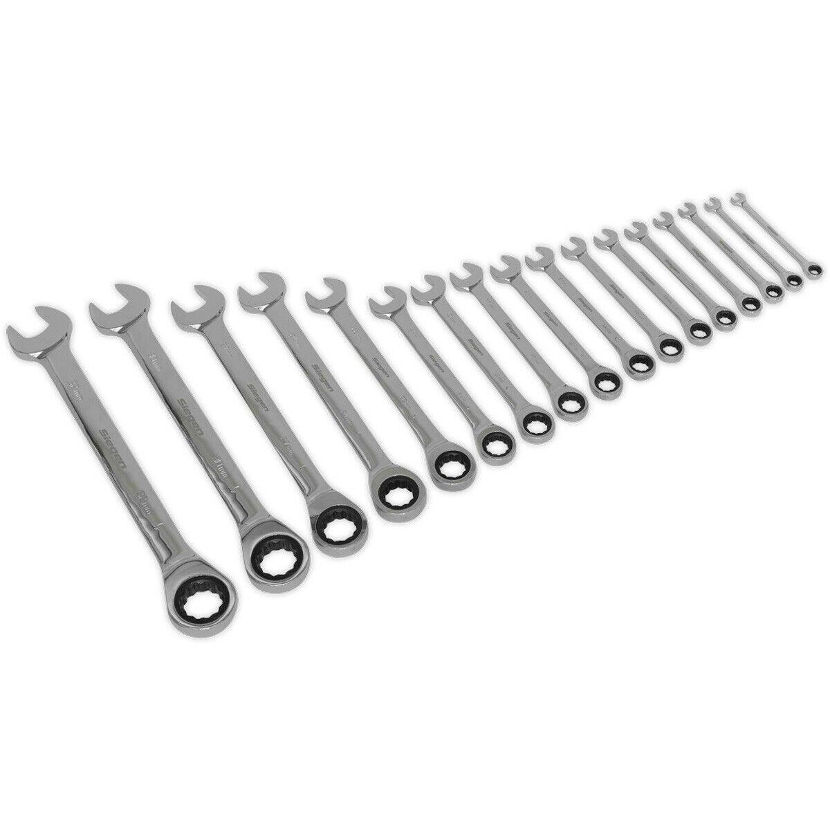 17pc Ratchet Combination Spanner Set - 12 Point Metric Ring Open Head Wrench