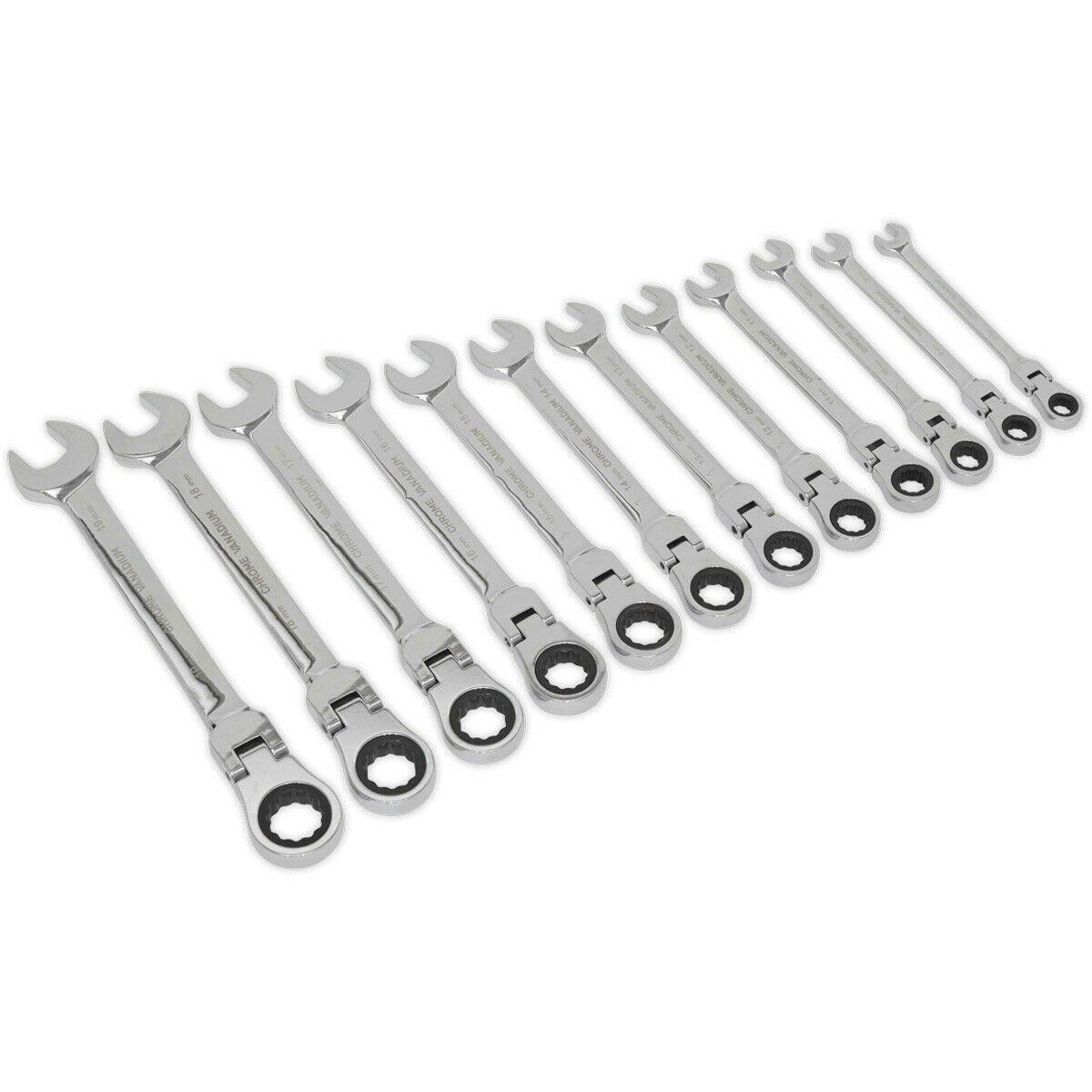 12pc Flexible Head Ratchet Combination Spanner Set - 12 Point Moving Metric Ring