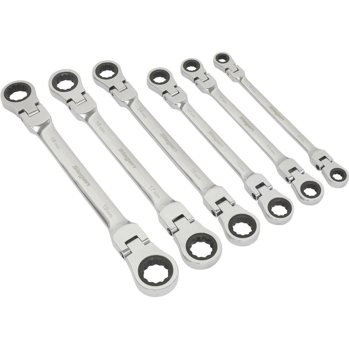 6pc Flexible Head Double Ended Ratchet Ring Spanner Set - 12 Point Metric Wrench