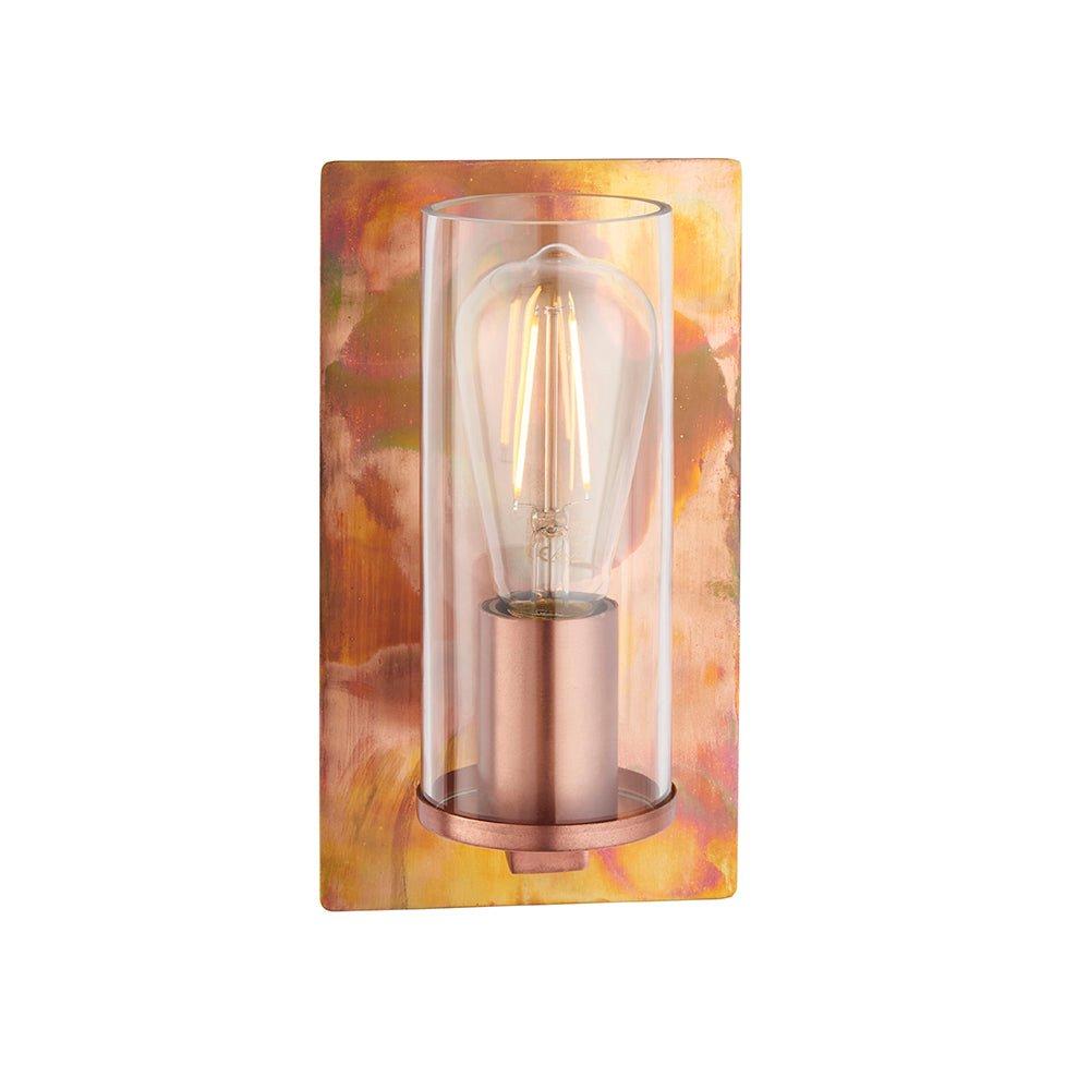 Copper Patina Plate Wall Lamp Light & Clear Glass Shade - Dimmable LED Fitting