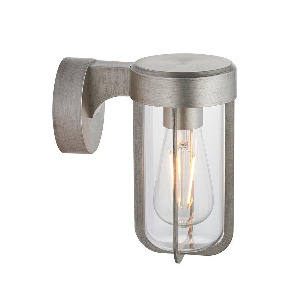 Brushed Silver Outdoor Wall Light with Clear Glass Shade - IP44 Rated - LED Bulb