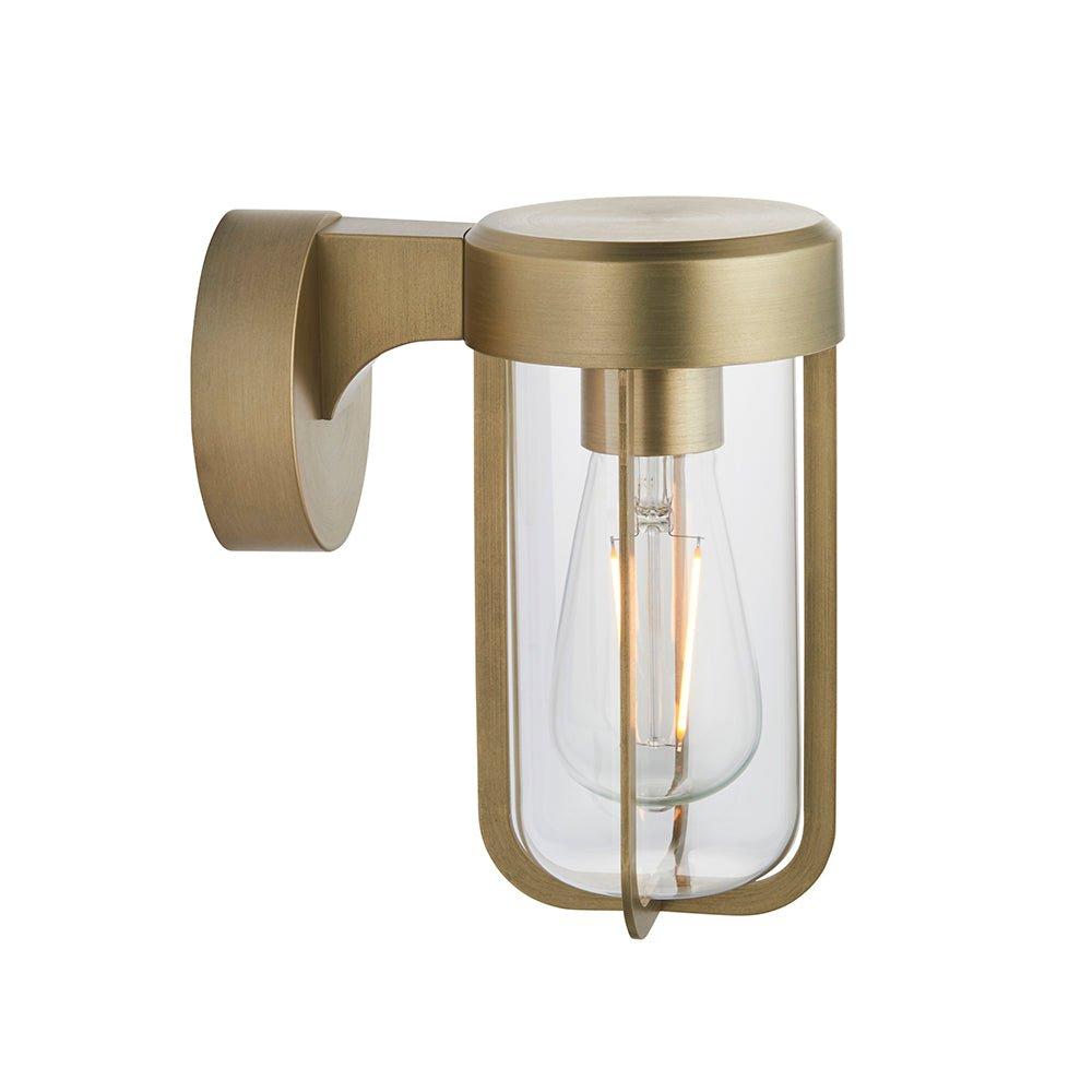 Brushed Gold Outdoor Wall Light with Clear Glass Shade - IP44 Rated - LED Bulb