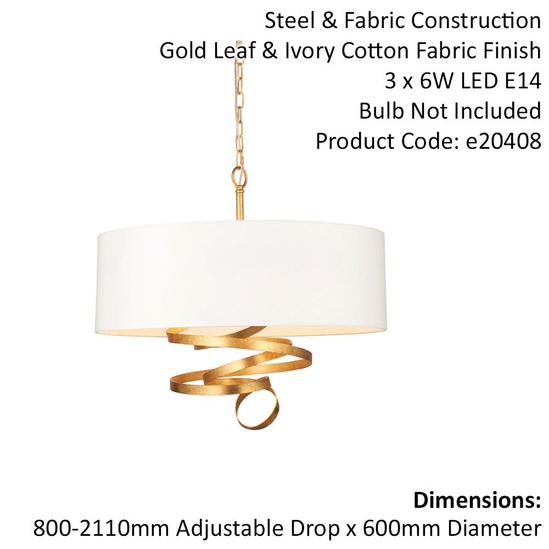 Loops Gold Leaf Ribbon Ceiling Pendant Light & Ivory Shade 3 Bulb Hanging Lamp Fitting 2
