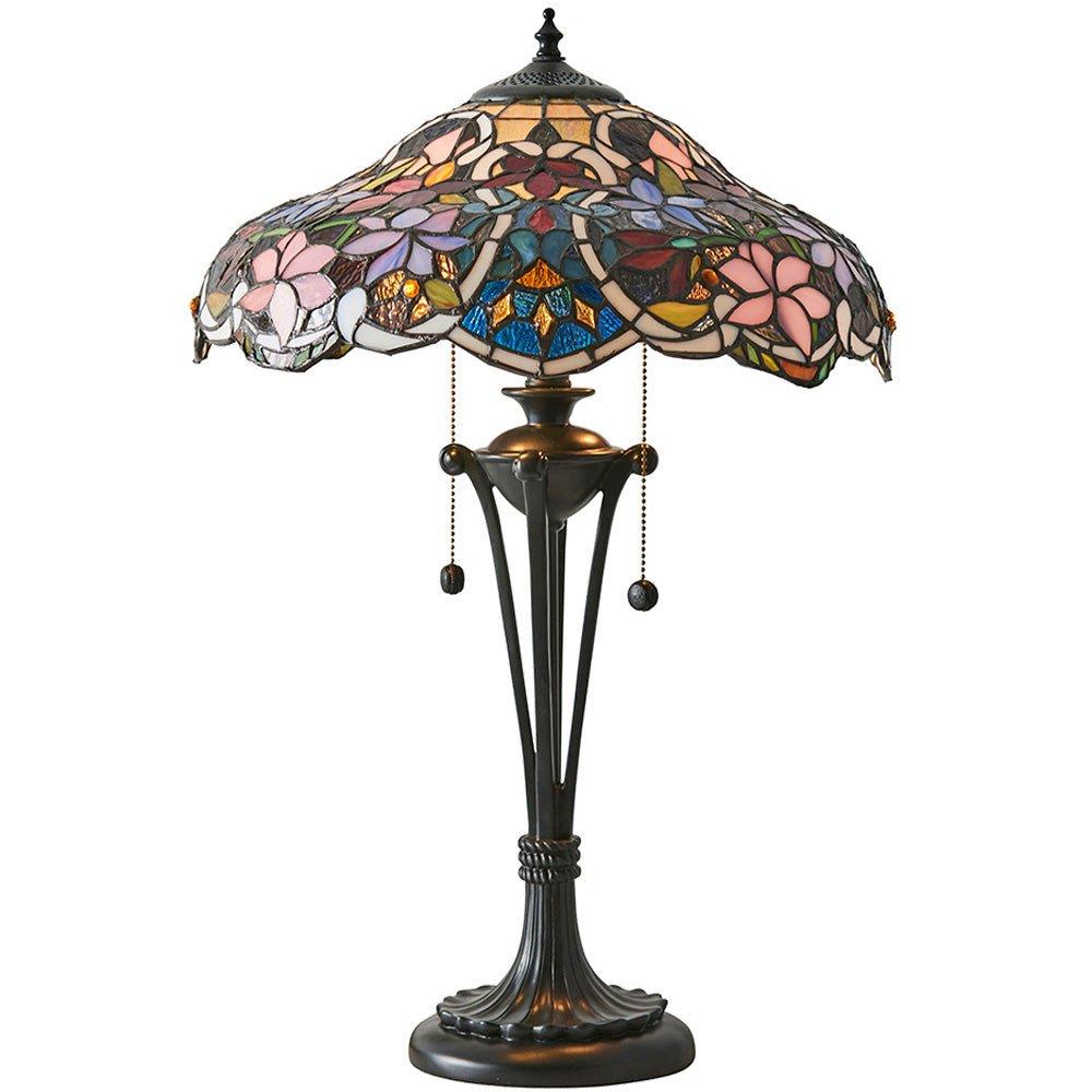 Floral Tiffany Glass Design Table Lamp Light - Dark Bronze Effect Lampholder