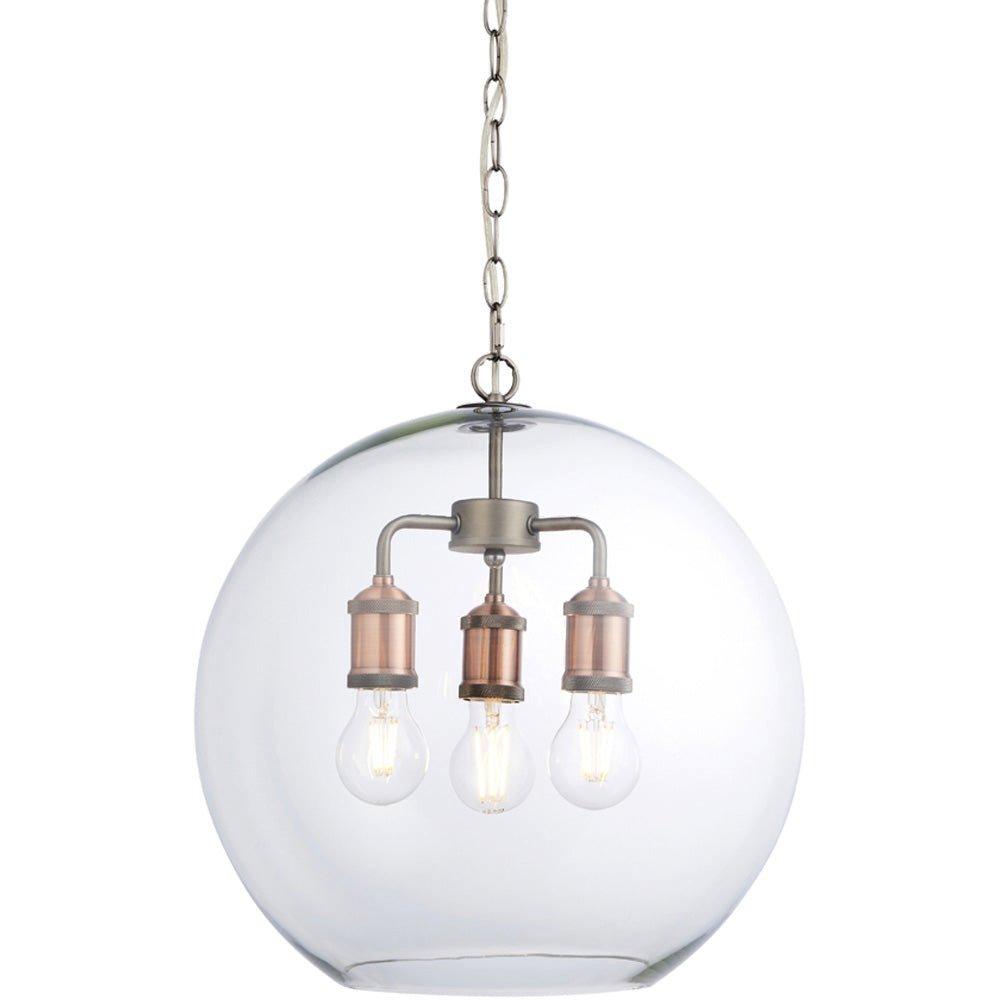 Industrial 3 Light Ceiling Pendant Aged Pewter & Copper Plate Clear Glass Shade