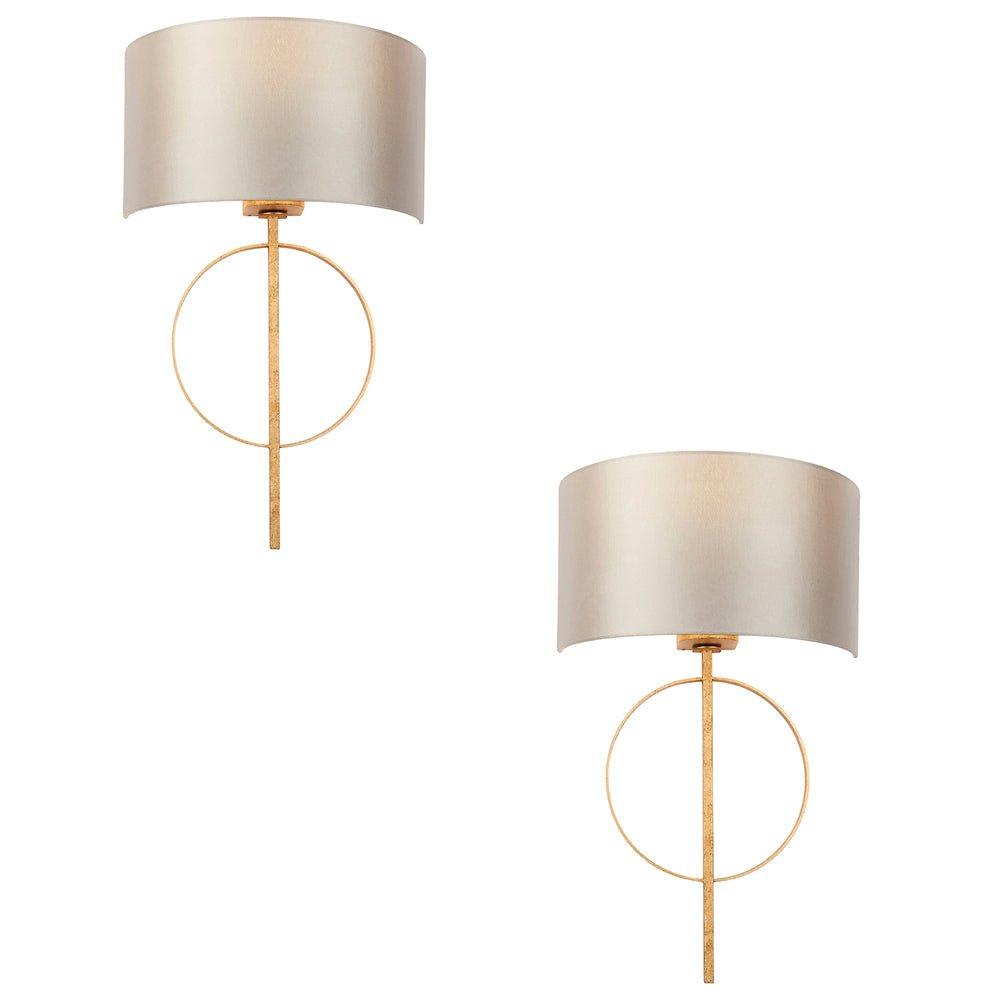 2 PACK Antique Gold Leaf Wall Light & Mink Satin Shade Dimmable Filament Lamp