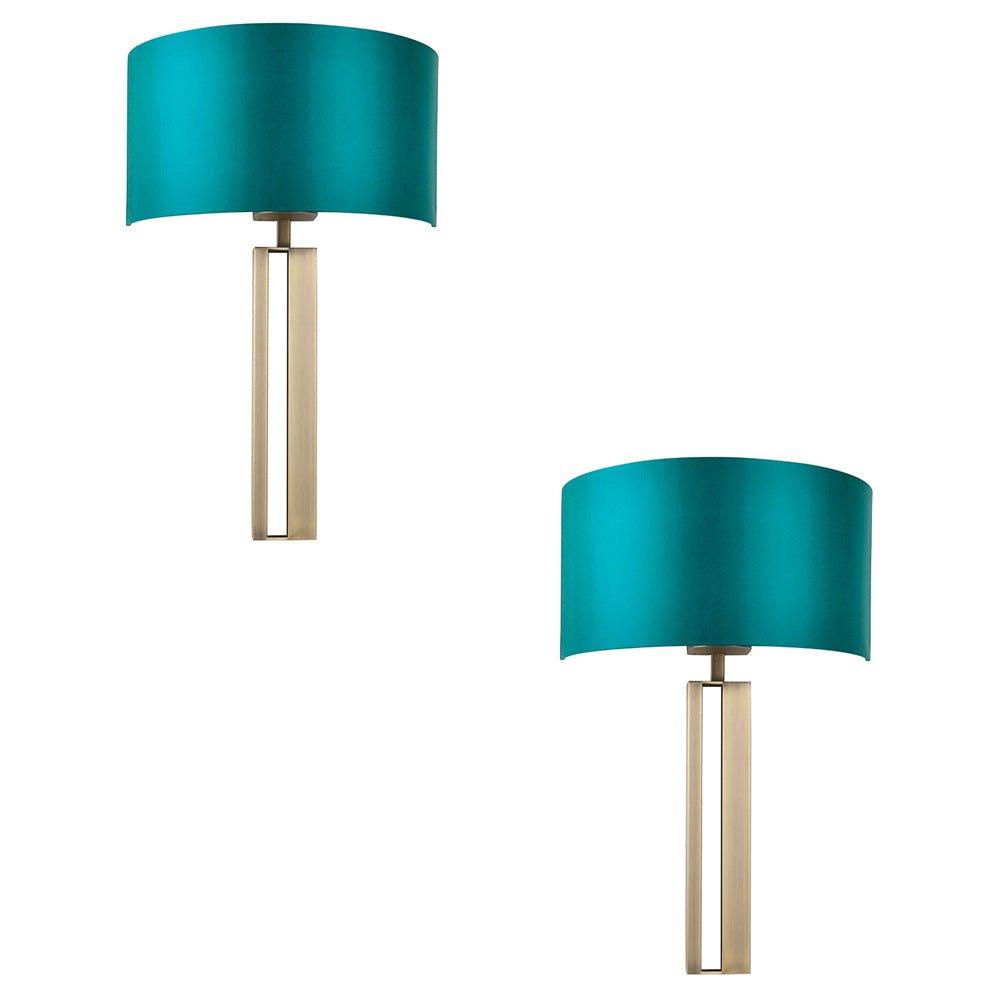 2 PACK Antique Brass Slotted Wall Light & Teal Satin Half Shade - Dimmable