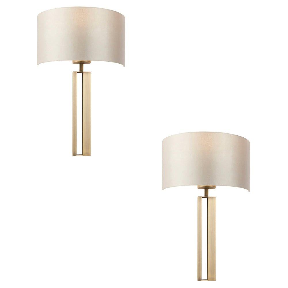 2 PACK Antique Brass Slotted Wall Light & Mink Satin Half Shade - Dimmable