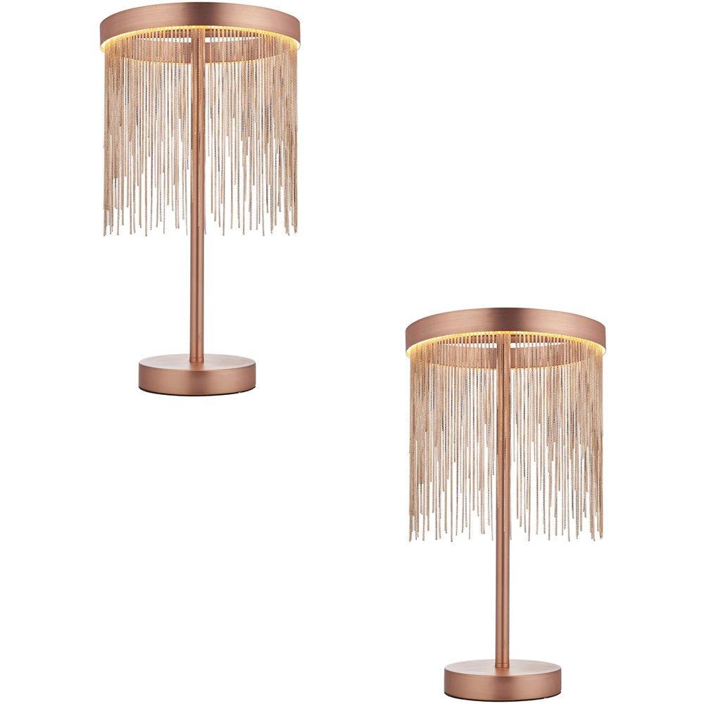 2 PACK Brushed Copper Table Lamp & Waterfall Chain Shade - Integrated LED Module