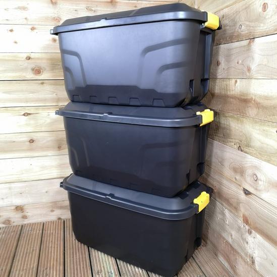 Samuel Alexander 3 x 75L Heavy Duty Trunks on Wheels Sturdy, Lockable, Stackable and Nestable Design Storage Chest with Clips in Black 2