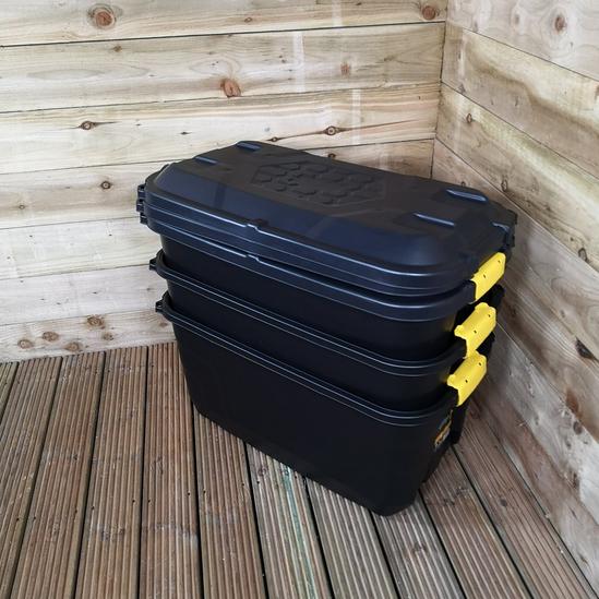 Samuel Alexander 3 x 75L Heavy Duty Trunks on Wheels Sturdy, Lockable, Stackable and Nestable Design Storage Chest with Clips in Black 3