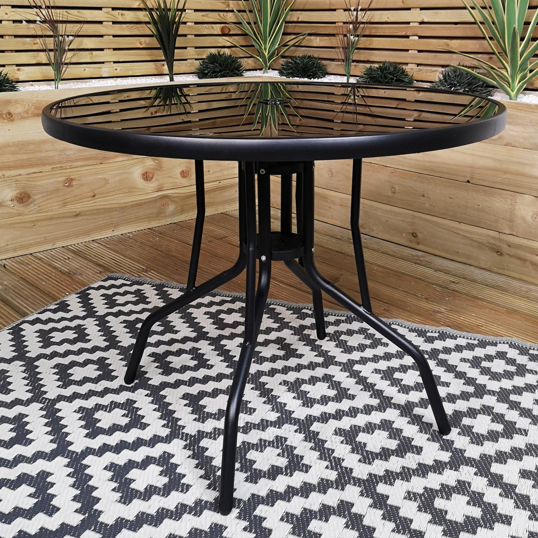 Photos - Garden Furniture 4 Person Round Black Garden Patio Table with Glass Top & Parasol Hole