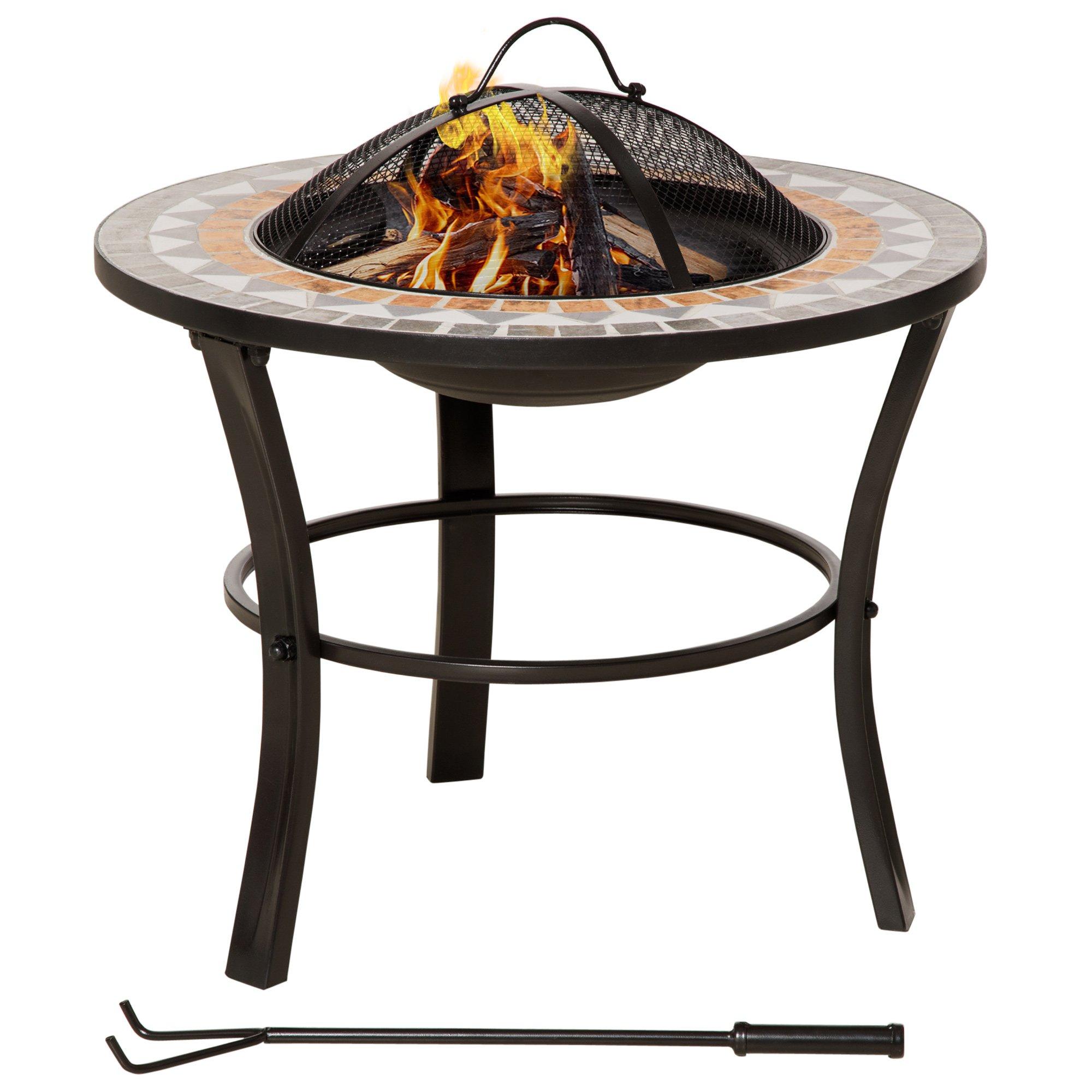 60cm Round Firepit with Mosaic Outer, Mesh Screen Lid and Poker