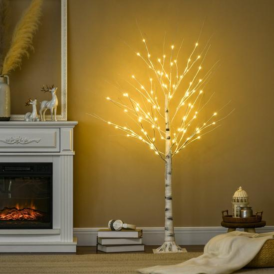 HOMCOM 5ft Artificial White Birch Tree with 96 Light for Indoor Covered 3