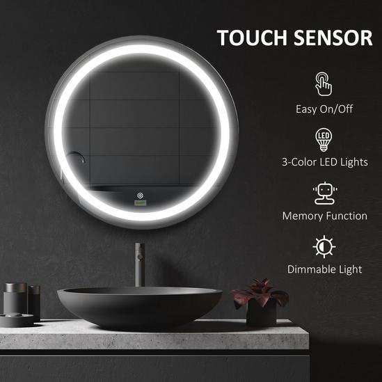 Kleankin LED Smart Bathroom Mirror Wall Mounted Round Vanity Mirror Lights 5