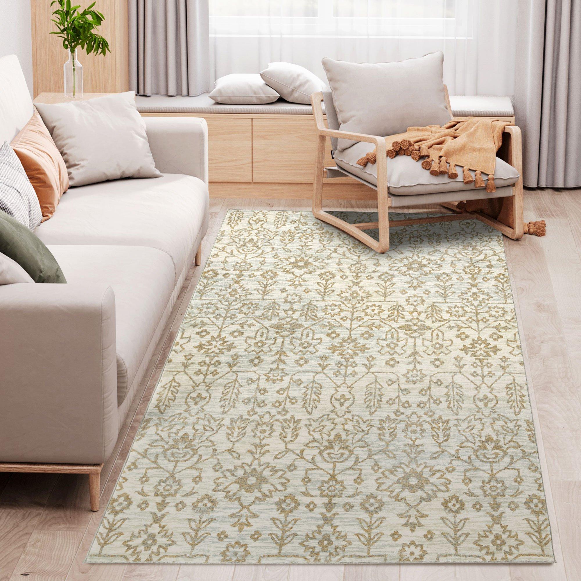 Green Rug Floral Pattern Carpet for Living Room, Bedroom