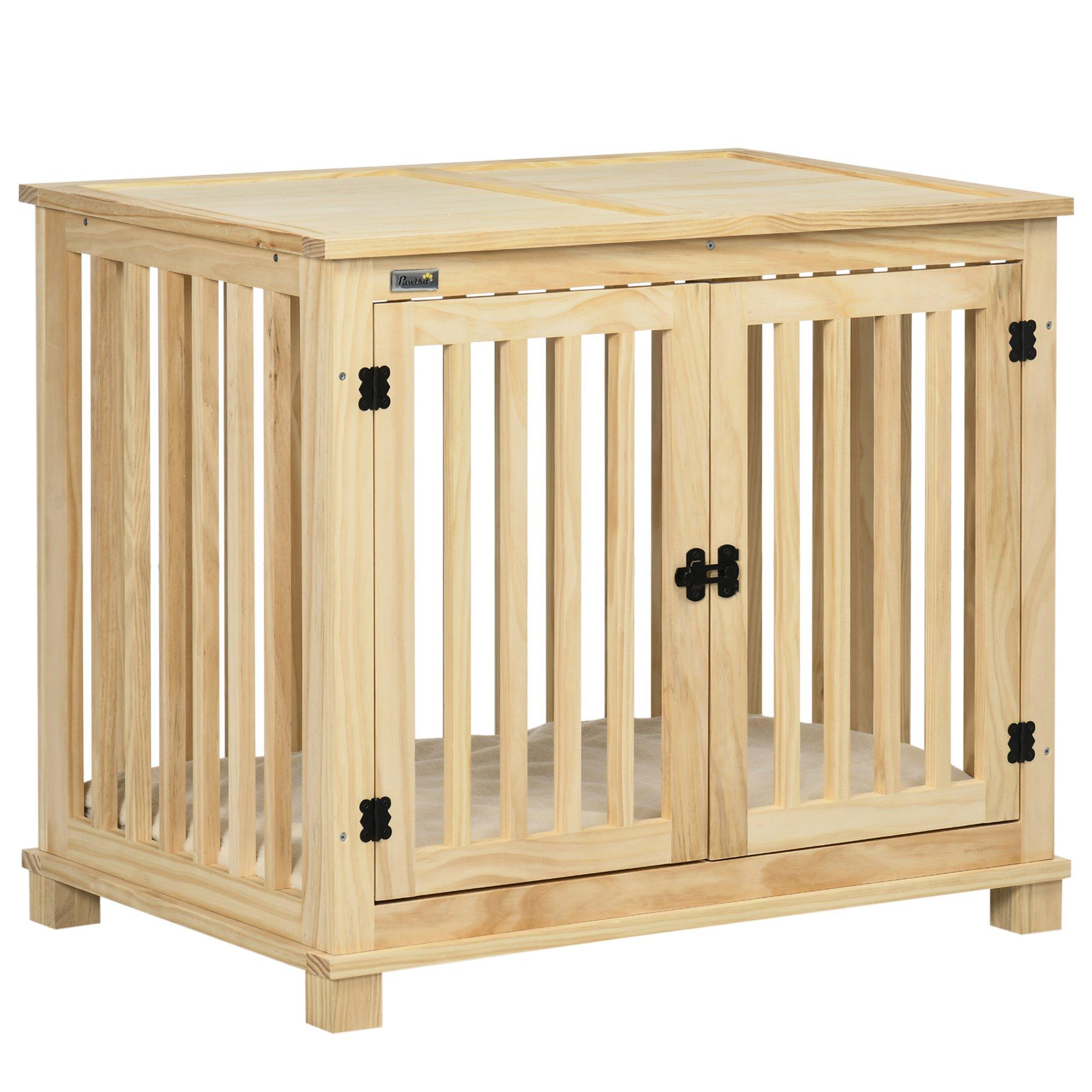 Wooden Dog Crate Furniture with Double Doors, Soft Cushion