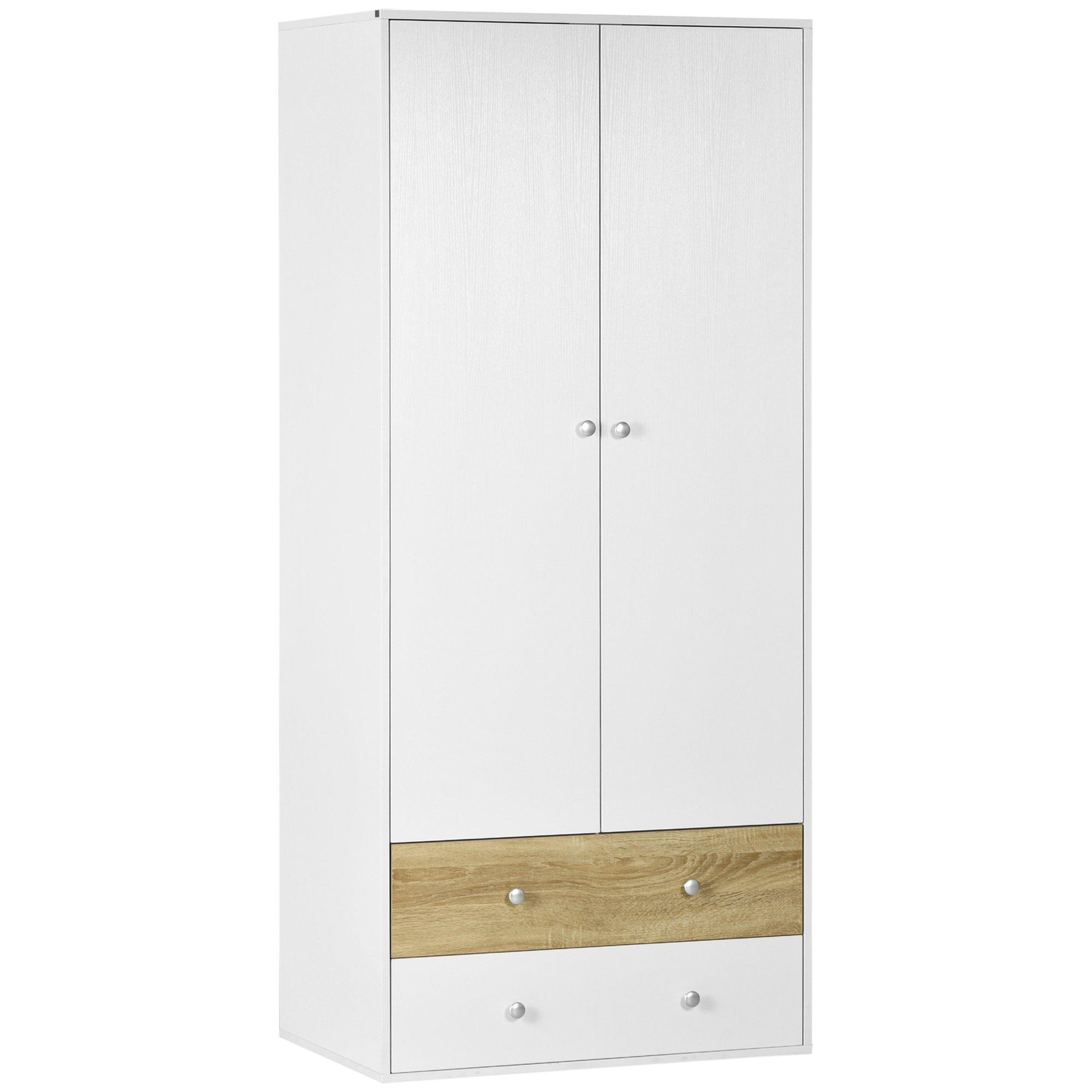 2 Door Wardrobe White Wardrobe with Drawers and Hanging Rod Bedroom