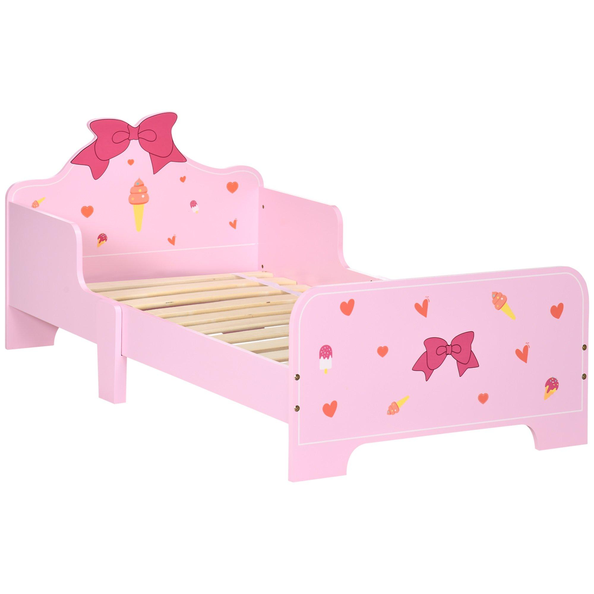 Princess-Themed Kids Toddler Bed with Cute Patterns, Safety Rails - Pink
