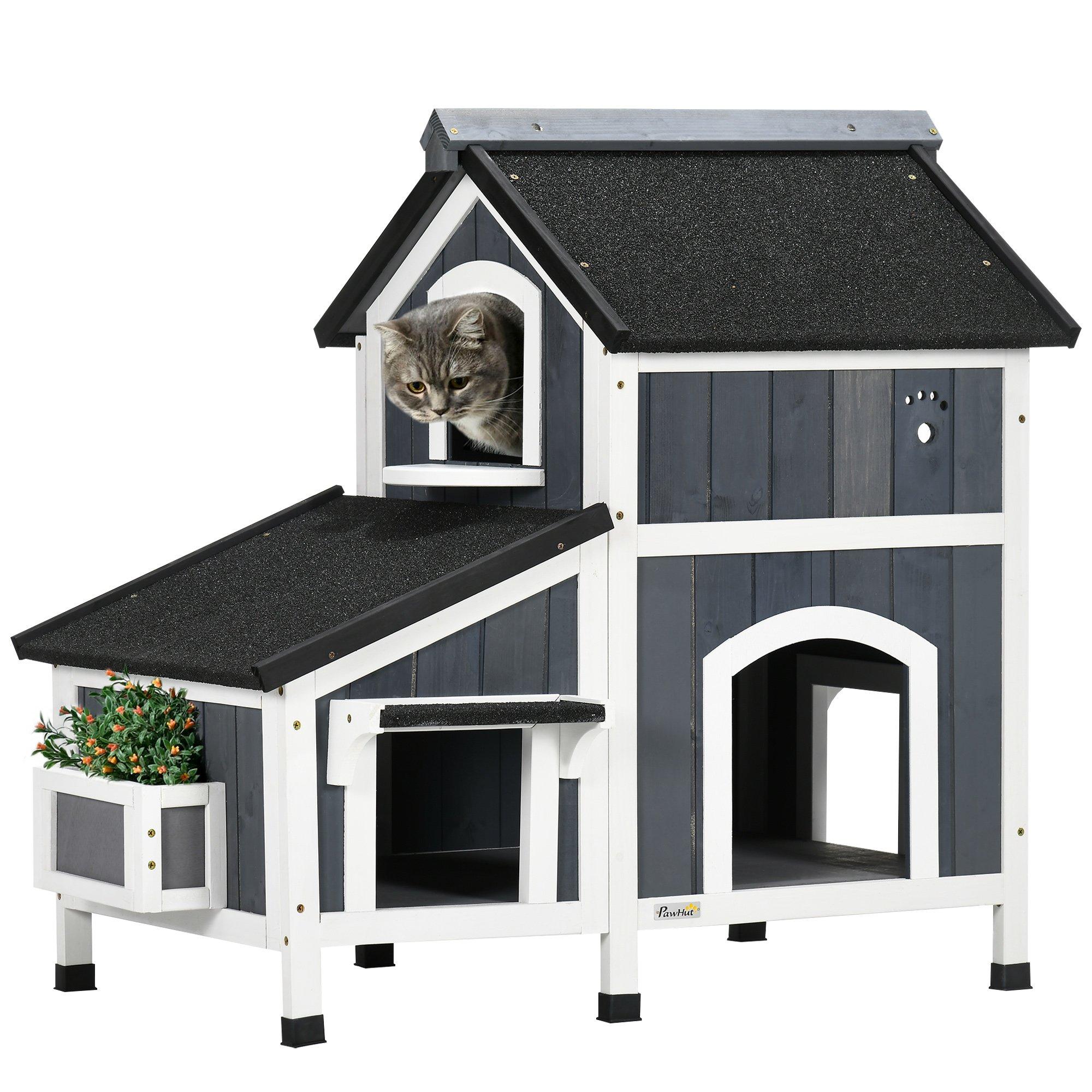 Outdoor Wooden Cat House Shelter with Water-Resistant Roof, Flower Pot