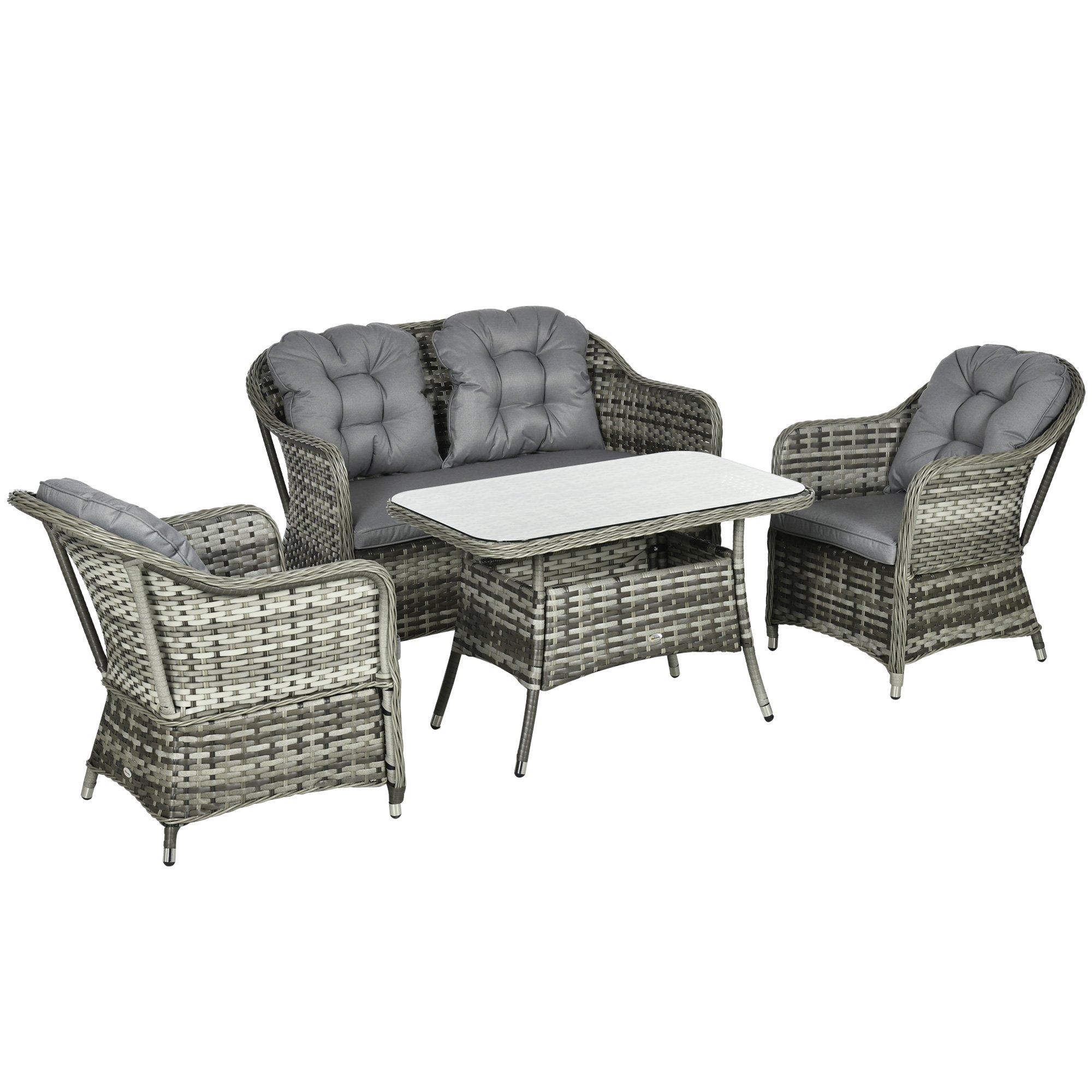4 PCS Rattan Garden Furniture, Padded Conversation Sofa Set w/ Glass Top Table