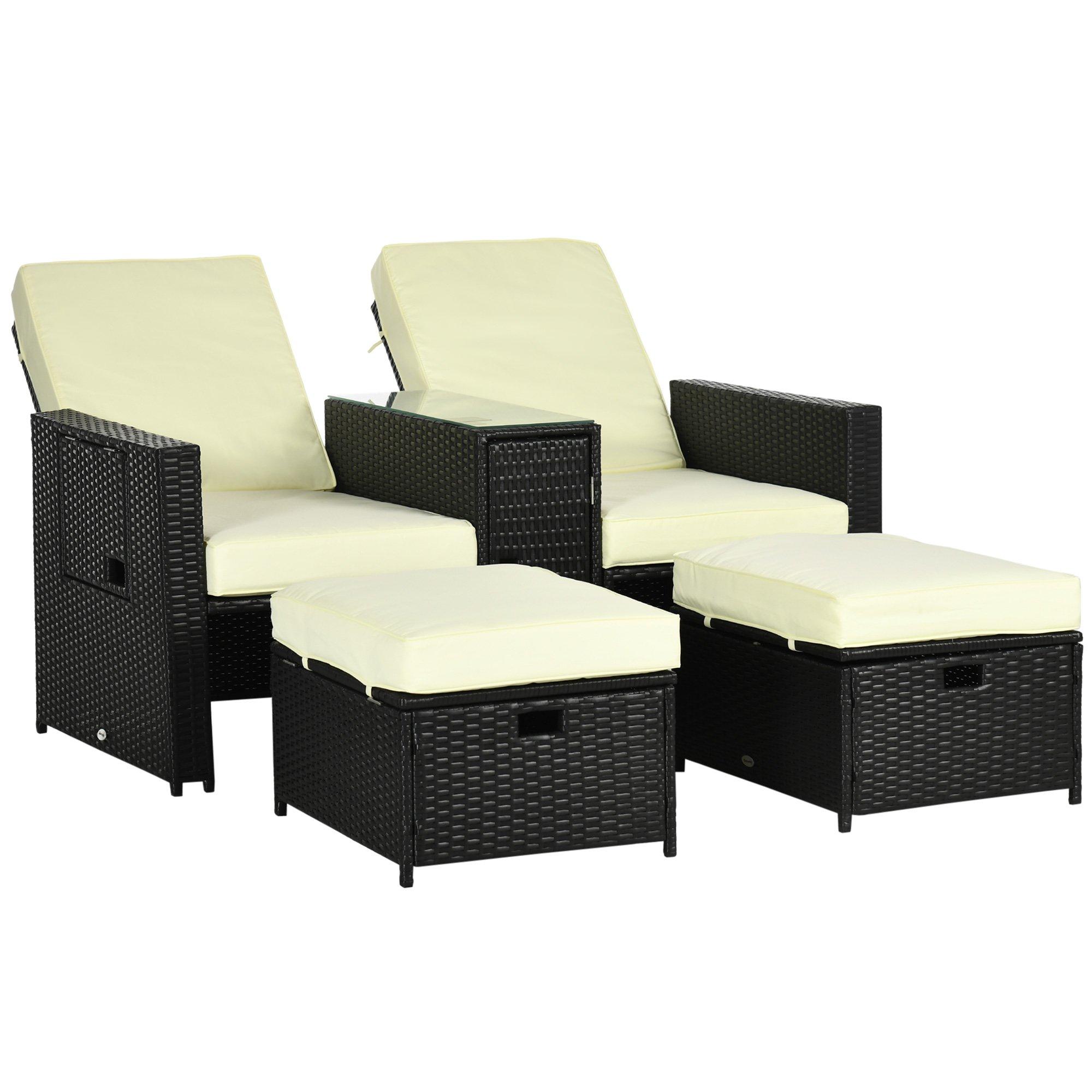 5-level Adjustable Rattan Sun Lounger with Storage Tea Table & Footstools