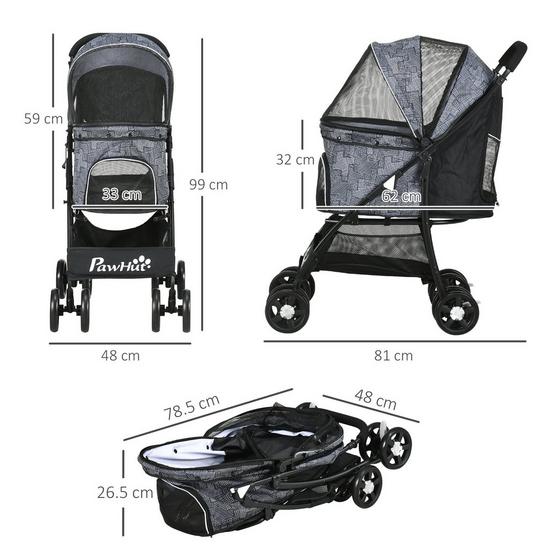 PAWHUT Pet Stroller Dog Pram Pushchair Cat Travel Carriage with Universal Wheels, Brake, Canopy, Storage Bag 3