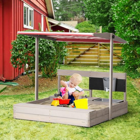 OUTSUNNY Kids Sandbox Wooden Sand Pit with Canopy, Kitchen Toys, Seat, Storage 2