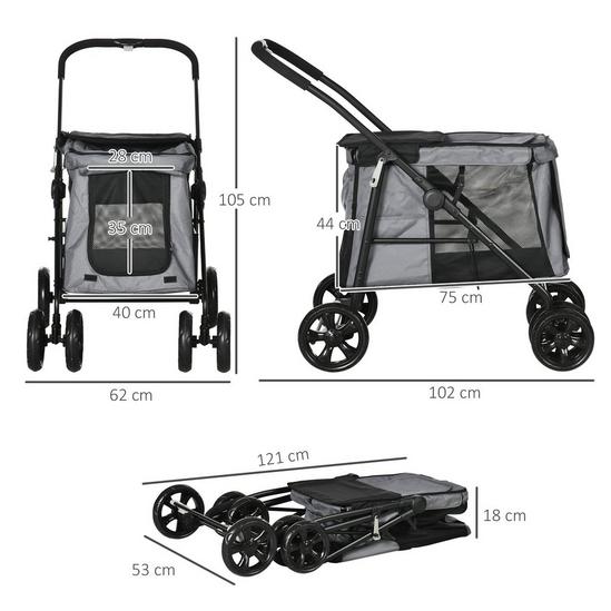 PAWHUT One-Click Foldable Pet Stroller, Dog Cat Travel Pushchair with EVA Wheels, Storage Bags, Mesh Windows, Doors, Safety Leash, Cushion, for Small Pets 3